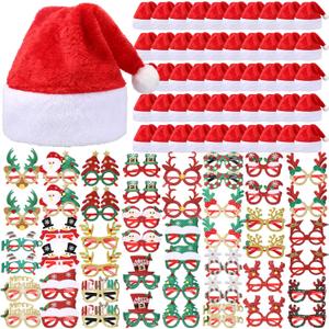 Toulite 100 Pcs Santa Hat Glasses Costume Set Christmas Santa Hats Xmas Tree Elk Glasses Funny Glitter Frames Eyewear for Christmas Holiday Party Gift Photo Booth Props Decorations (Classic)