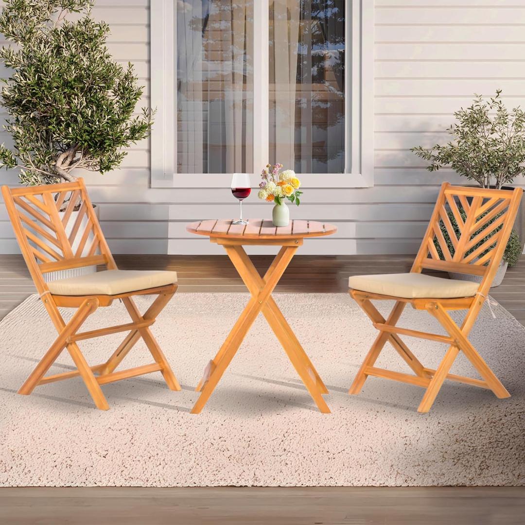 Werph 3-Piece Acacia Wood Patio Set, Foldable Bistro Table and Chairs Set of 2, Small Patio Furniture Set with Cushions, Folding Balcony Chairs Table Set for Apartment, Balcony, Deck or Porch