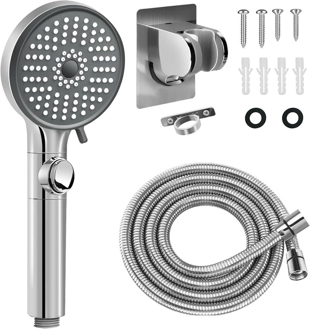 RV Shower Head with Hose, High Pressure 5 Mode Shower head Replacement, Shower Head for RV/Campers, Travel Trailer, Motorhome for Water Saving, Handheld Shower Head Holder and Hose, On Off Switch (Premium Chrome)