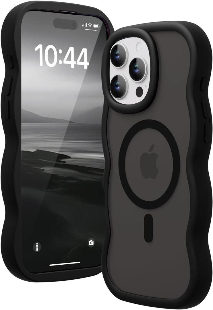 Magnetic for iPhone 16 Pro Max Case, Compatible with Magsafe Wavy Frame Cute Translucent Matte Hard Back Silicone Bumper Shockproof Phone Case for iPhone 16 Pro Max Women Girls, Black