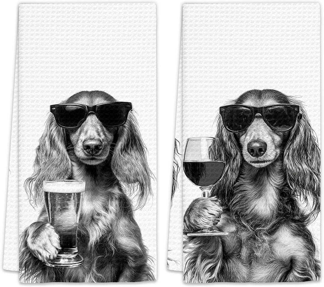 Long Haired Dachshund Gifts Wine Kitchen Towels Set of 2, Funny Dachshund Wine Lover Decorative Hand Dish Towel for Kitchen Home Bar, Gifts for Dog Beer Lovers Home Bar Decor(16x24Inch)