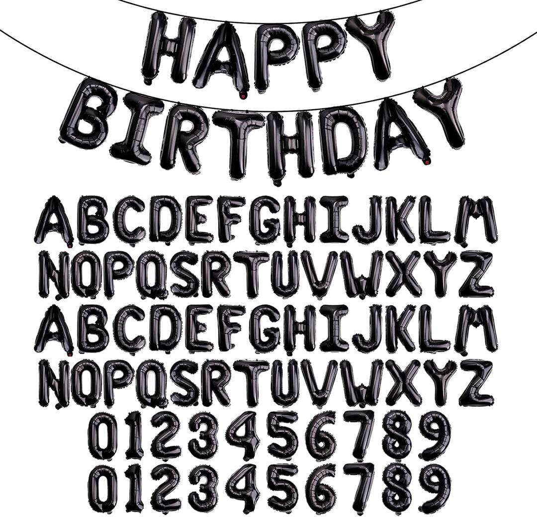 [85 PCS] 16" Black Letter Number Balloons, Happy Birthday & 2 Sets of A-Z 0-9, Foil Mylar Aluminum Hanging Alphabet for Graduation New Year eve Birthday Party Decorations