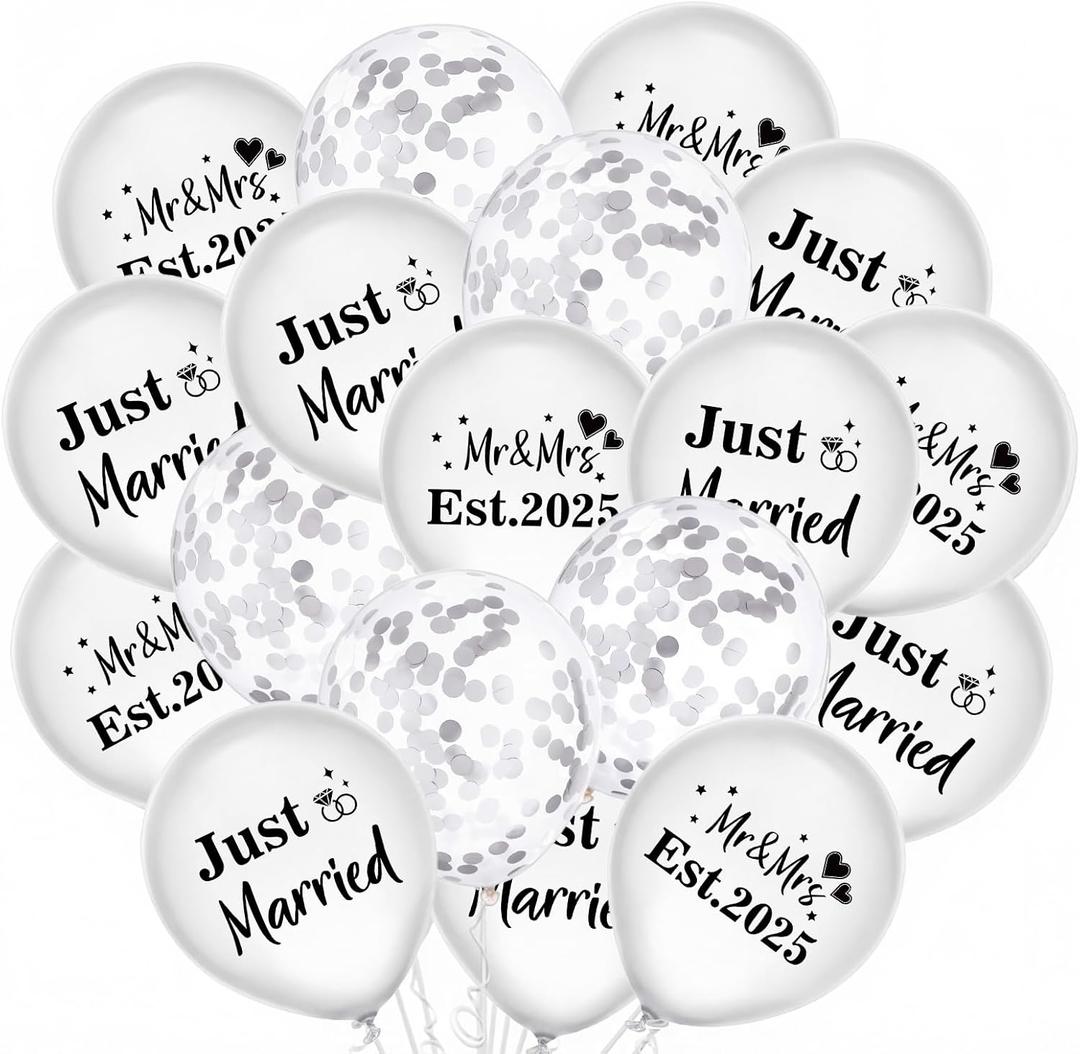 30Pcs Wedding Balloons White Silver Mr & Mrs Est. 2025 Latex Confetti Balloons Just Married 12 Inch Balloon for Wedding Anniversary Engagement Decorations Party Supplies