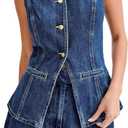 Women's Denim Long Vest Waistcoat Sleeveless Button-Up Back Slit Jean Jacket Y2k Clothes, XL