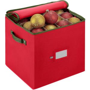 ZOBER Christmas Ornament Storage Box - Stores 64 3" Ornaments, With Dividers - Ornament Organizer Storage Box, Durable Christmas Containers Holder, Dual Zipper - Red