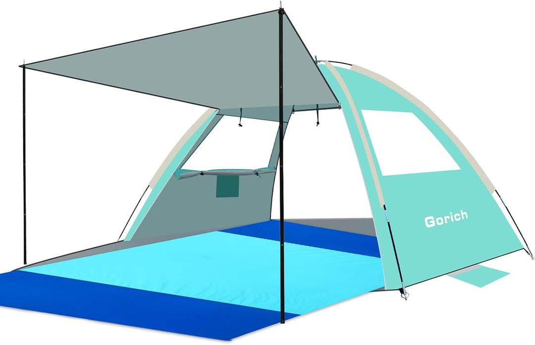 Gorich Beach Tent with Canopy - Easy Setup 3-6 Person Portable Sun Shelter, UPF 50+ UV Protection Sun Shade with Extra-Large Sandproof Waterproof Beach Blanket, 6.6x9.2ft