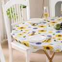 Round Vinyl Fitted Tablecloth with Flannel Backing Elastic Edge Design Table Cover Waterproof Oil-Proof PVC Table Cloth Stain-Resistant Best for 37"-44" Round (Yellow Flower)
