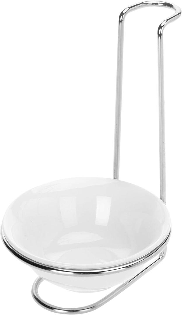 MyGift White Ceramic Ladle Holder Spoon Rest, Upright Single Cooking Utensil Holder, Vertical Drip Catcher Dish with Stainless Steel Stand for Kitchen Counter