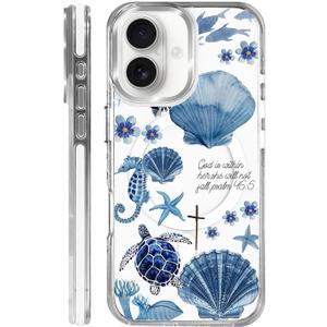 for iPhone 13/iPhone 14 Case, Clear with Ocean Turtle Shell Collage Pattern Campatible with Magsafe Soft Protective Case for Women Girl (White)