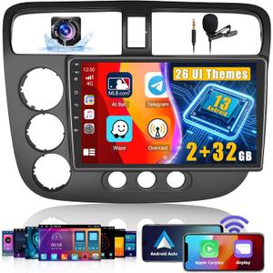 for Honda Civic 2001-2005 Fuluku Car Stereo with Wireless Carplay Android Auto, 9" Touch Screen Radio Dash Kit GPS Navigation WiFi Bluetooth SWC Mirror Link, Mic Backup Camera