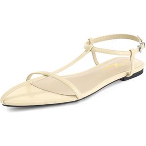 Athlefit Flat Sandals for Women Comfortable Buckle Strappy Sandals Pointed Open Toe Ankle Strap Sandals (Beige)