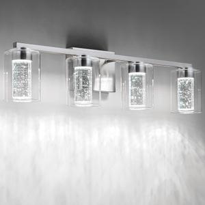 SineRise 4-Light Brushed Nickel Vanity Light with 3 Color Modes (3000K/4000K/6000K), Eye Protection LED Bathroom Light Fixture, Dimmable Modern Wall Light Over Mirror with Clear Glass Shade