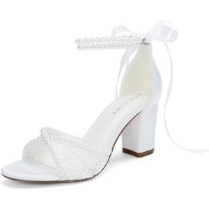 Lace Wedding Shoes for Bride Pearl Heels Bridal Shoes Block Heel Wedding Sandals, Size: 8