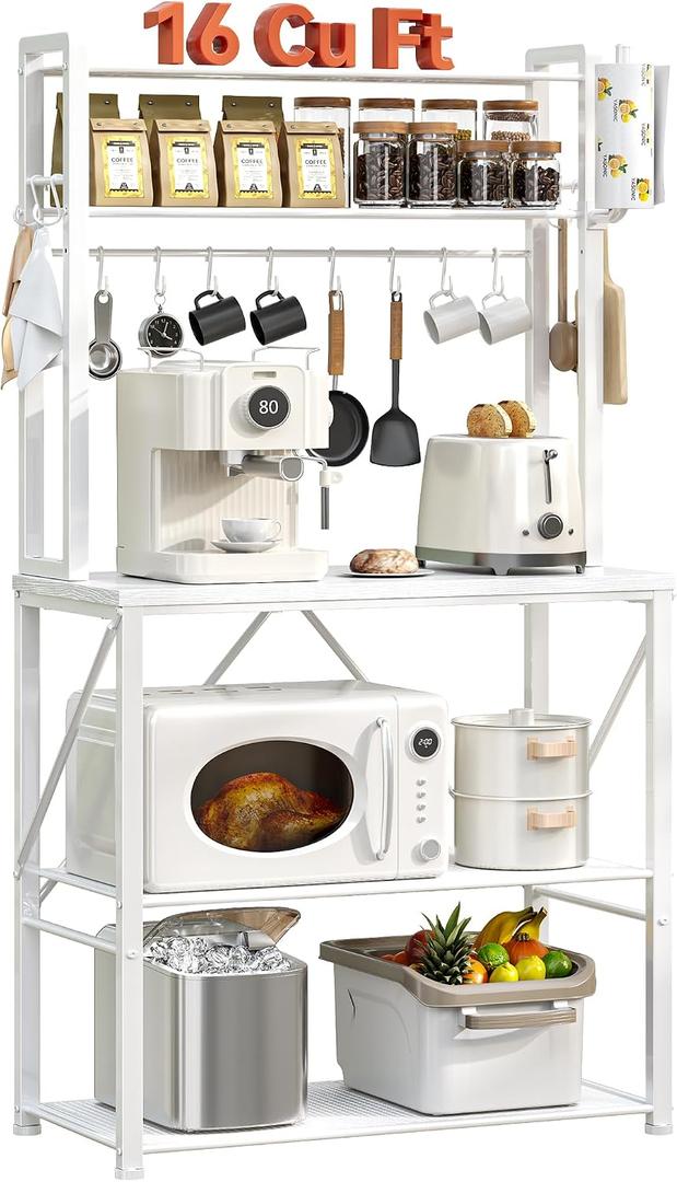YASONIC Coffee Bar, Bakers Rack with Storage, 25.6 Inches Microwave Stand, 5 Tier Kitchen Shelves Appliance Storage, 12 S Hooks Large Coffee Station for Spices, Pots and Pans, White, 25.9 inch