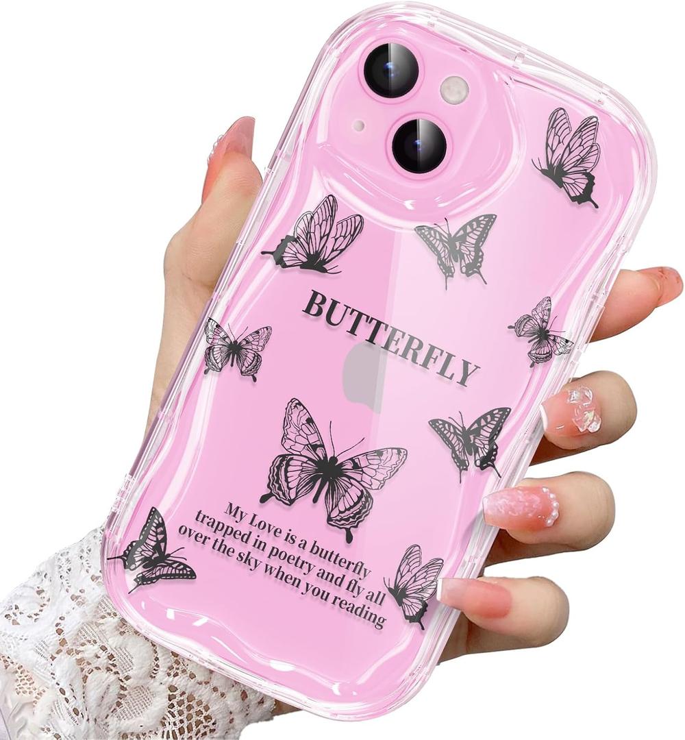 2 x Compatible for iPhone 14 Case, Pretty Butterfly Print Three-Dimensional Wave Clear Case for Girls Women, Soft Full Package Anti-Fall Cover for iPhone 14, Shadow Dance Black