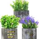 Fake Plants Artificial Eucalyptus Potted Plant with LED Lights 3Pcs Fake Plants in Pot for Home Decor Faux Lavender Plants and Flower Indoor in Wooden Box Pots
