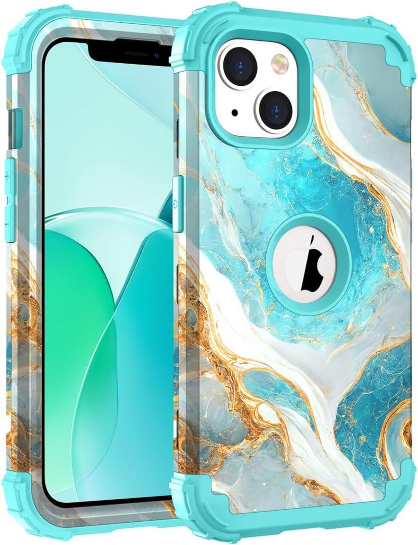 Hocase Heavy Duty Shockproof Protection Soft Silicone Rubber+Hard Plastic Bumpers Hybrid Protective Case for iPhone 13/14 (6.1") - Teal