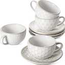 LE TAUCI Cappuccino Cups with Saucers - 6 oz Ceramic Coffee Cup and Saucer Set for Latte, Cafe Au Lait, Flat White, Mocha, Tea, Dishwasher & Microwave Safe, Set of 4, Embossed, White