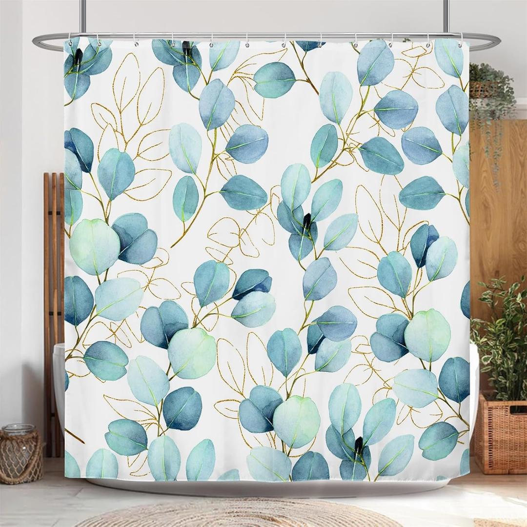 Botanical Shower Curtain, Blue Leaves Plants Floral Tree Bathroom Curtain, Spring Natural Watercolor Plants Shower Curtain Set with 12 Hooks for Bathroom, 72Wx72L inch (Succulent)