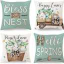 Farmhouse Easter Pillow Covers 18x18 Set of 4, Easter Decorations for Home Indoor, Bunny Truck & Peeps Welcome, Bless Our Nest Spring Throw Pillow Covers for Couch Sofa (Covers Only)