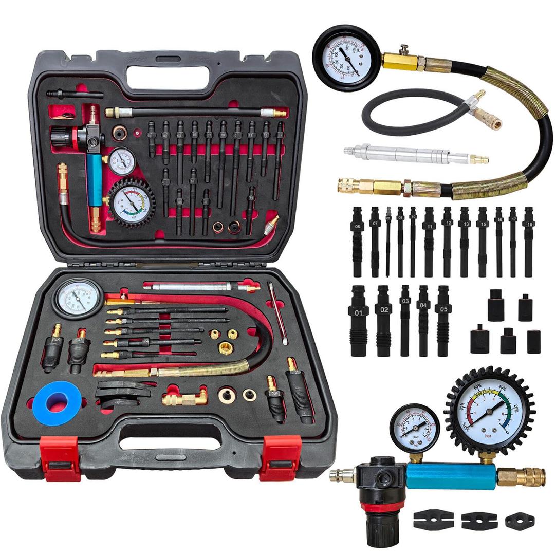Professional 46-Piece Diesel & Petrol Engine Compression and Leak Down Tester Kit | Dual Gauge Diagnostic Tool for HDI, TDCi, Pumpe Duse Engines | Automotive Cylinder Leak Maintenance Test