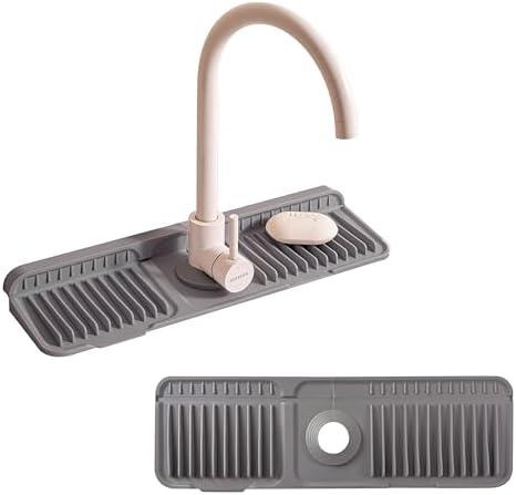 17.7" Silicone Sink Splash Guard - Multi-Functional Kitchen Sink Mat with Drip Tray, Sponge Holder & Soap Dish, 6° Slope Design for Easy Drainage, Foldable & Fasten Button for Secure Fit,（Grey）
