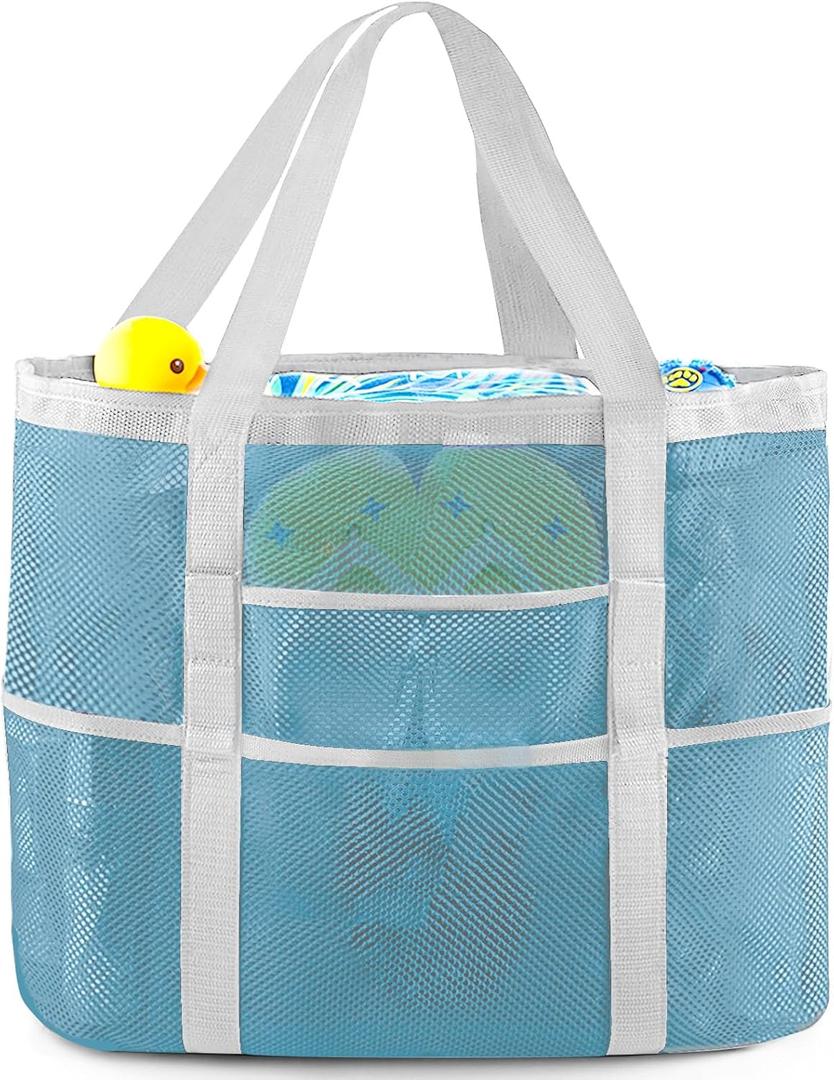 EASYFUN Beach Bag Large Mesh Beach Bag Lightweight Beach Tote with 9 Pockets Foldable Vacation Trip Essentials