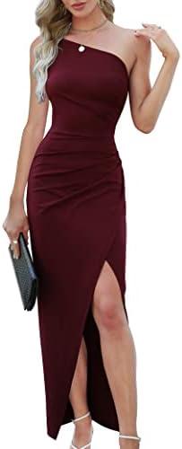 Sarin Mathews Womens One Shoulder Long Formal Dress Sexy Summer Sleeveless Bodycon Ruched Wrap Split Cocktail Dresses, Size S