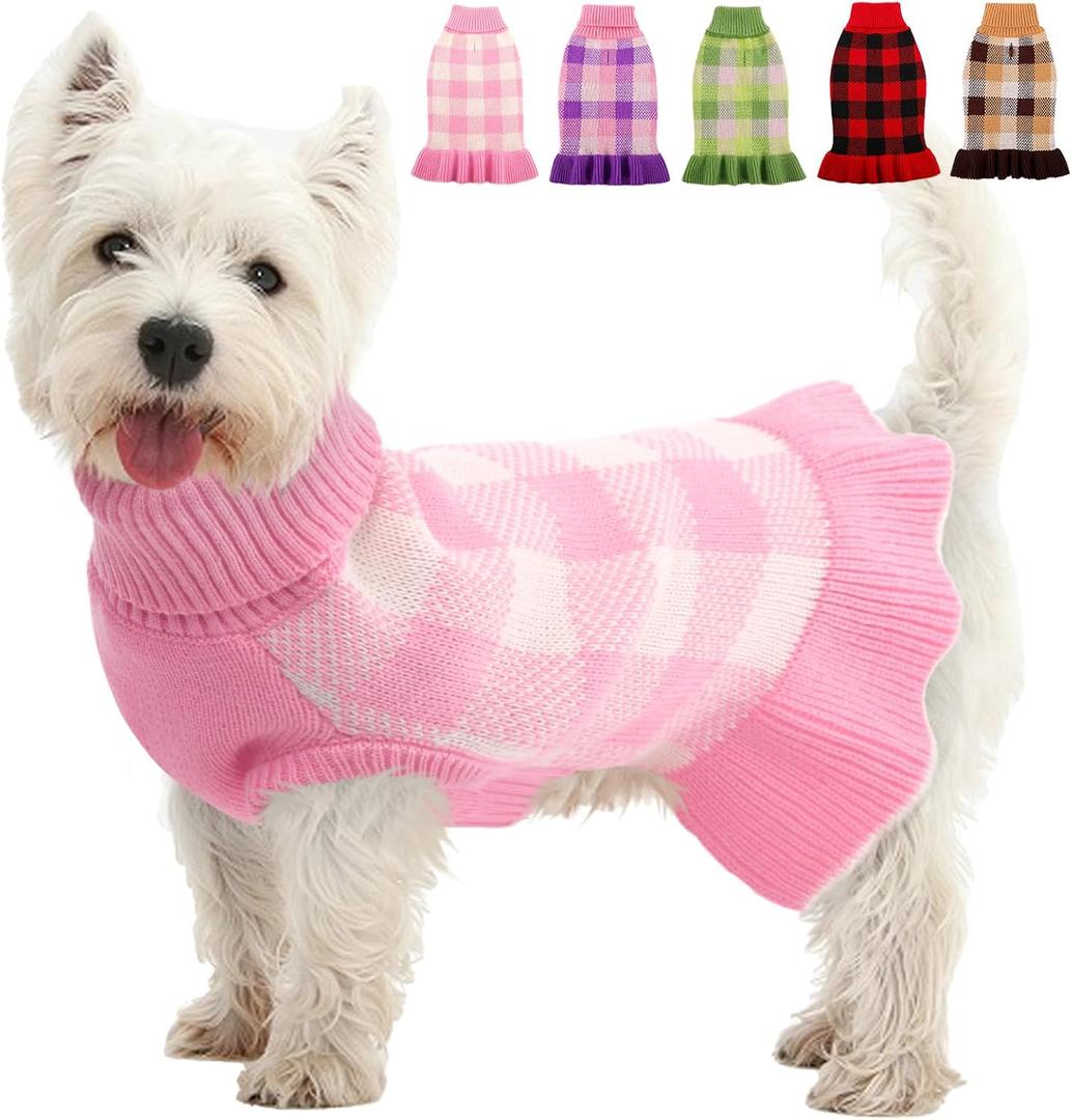 Dog Sweater Dress Plaid Knitwear for Small Medium Dogs Warm Puppy Pet Turtleneck Stretch Pullover Cute Fall Winter Vest Clothes with Leash Hole for Christmas (Pink)