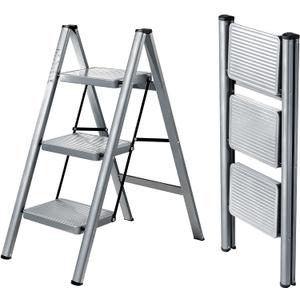 XinSunho 3 Step Ladder, Folding Step Stool with Anti-Slip Wide Pedal, Portable Sturdy Steel Ladder 3 Steps, 330lbs Safety Kitchen & Household Ladder (Gray)
