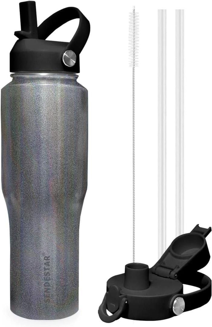 SENDESTAR 40oz Stainless Steel Water Bottle(Cold for 48 Hrs, Hot for 24 Hrs),Double Wall Vacuum Insulated Bottle with Straw Lid, Spout Lid and Flex Cap, Fit in Any Car Cup Holder,Laser Grey