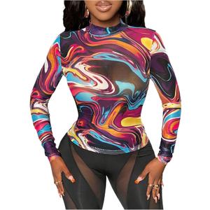Women's Marble Print Long Sleeve Tee Shirt Mock Neck Slim Fitted Party Club Mesh Tops (M)