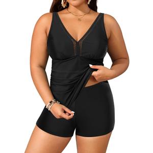 Yonique Womens Plus Size Swimsuits with Shorts Tummy Control Tankini Two Piece Bathing Suits Athletic Swimwear (Black-1)