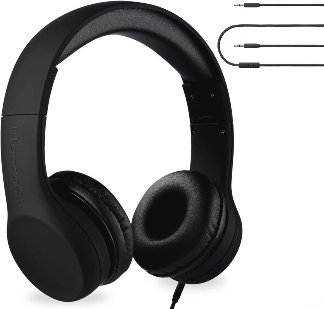 LilGadgets Connect+ Foldable Headphones, Adjustable Fit Soft Touch Padding for Kids with Mic, Volume-Limited & Noise Reduction On-Ear Wired Headset for School with SharePort - Black, Ages 3-14