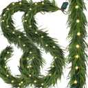 2 PCS Pre-Lit Christmas Garland Decorations,9 FT Faux Led Norfolk Pine Garland Artificial Realistic, Real Touch Greenery Christmas Pine Garland for Mantle Table Front Door Indoor Outdoor Holiday Decor