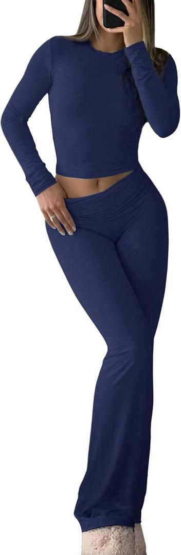 Women's 2 Piece Lounge Set Long Sleeve Crop Top and High Waisted Flare Pants Soft Knit Loungewear Outfit (Navy) XS