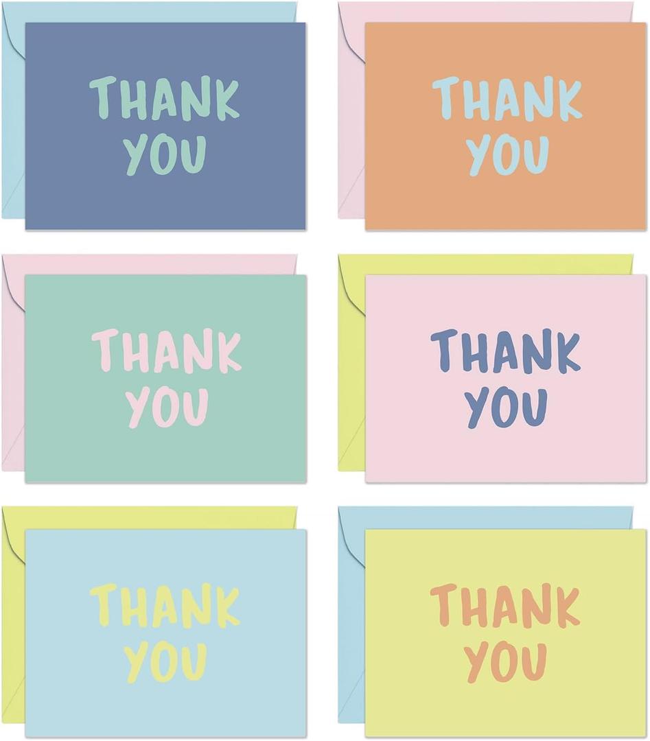 S&O Thank You Cards with Envelopes - Blank Decor sheets for Handwritten Messages -Greeting Notes and Covers Set of 24 - Assorted Thank You Cards with Stylish Color Envelopes to Mix & Match