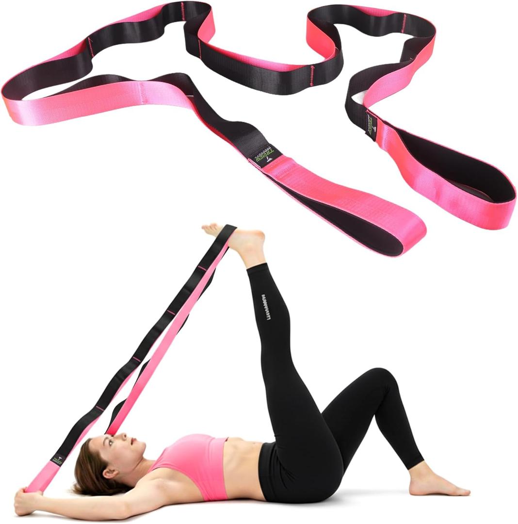 TAVIEW Yoga Strap for Stretching  Stretch Band with 12 Loops Multi-Grip Pilates Hamstring Stretcher Belt  Physical Therapy Equipment for Best Flexibility (Pink & Black)