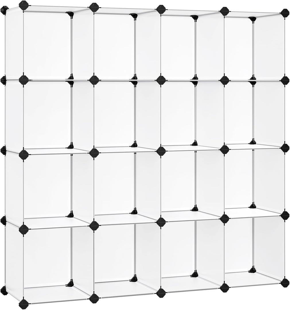 SONGMICS Cube Storage Organizer, Set of 16 Plastic Cubes, Book Shelf, Closet Organizers and Storage, Room Organization, Bedroom Living Room, 12.2 x 48.4 x 48.4 Inches, White ULPC44L