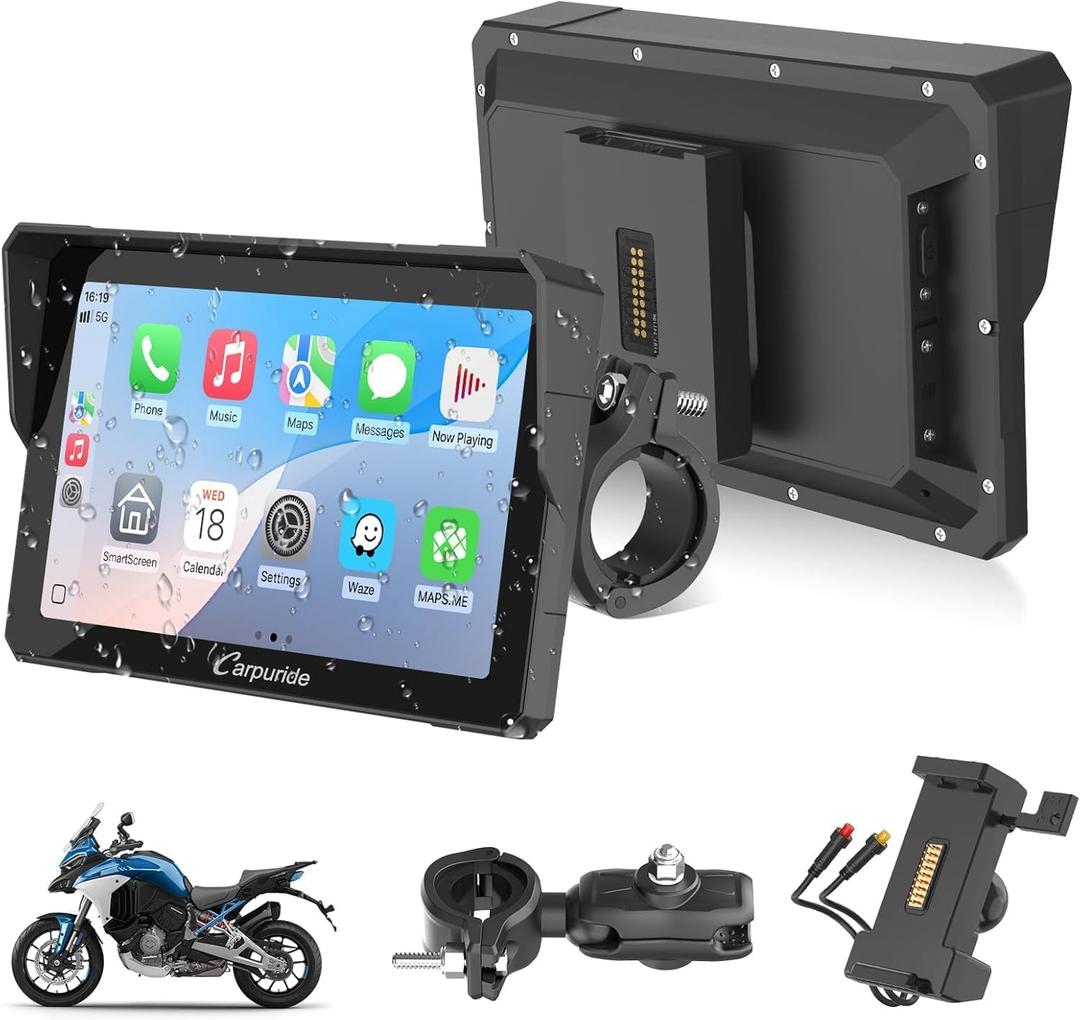 Carpuride W702S PRO Motorcycle GPS Wireless Carplay/Android Auto, 7" Waterproof Motorbike Touch Screen, with BM05 Mount, Bluetooth Trans, Wired Controller, Navigation