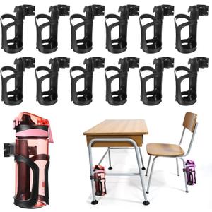 12 Pcs Water Bottle Holder for Classroom Chair, Adjustable 360 Rotating Anti-Spill Cup Holders for Students, Tree Stand Cup Holder Clamp Design for Hunting Bike Stroller Walker Fishing