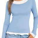 Tankaneo Womens Long Sleeve Shirts Crewneck Patchwork Casual Fitted Tunic Tops Ruffle Lightweight Outfits (Blue)