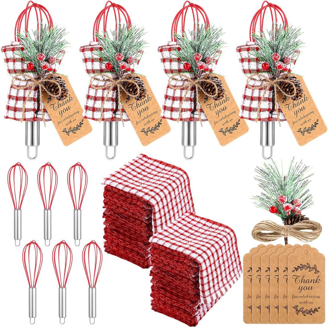 6 Sets Christmas Whisk Baking Supplies Gifts Sets Include Stainless Steel Whisk, Greeting Card, Snowfall Pine Branch, Plaid Towel, Rope for Xmas Neighbor Employee Stocking Stuffer Cooking (8 Inch)