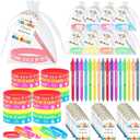 Janlaugh 32 Set Back to School Student Gifts Set Bulk Welcome School Rubber Bracelet Rainbow Ballpoint Pens Motivational Inspirational Favor Bags Label Tags for Teacher Classroom Rewards