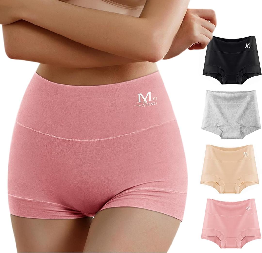 MEIYATING Boy Shorts Underwear for Women High Waisted Cotton Panties Stretch Briefs 4 Pack (Medium)