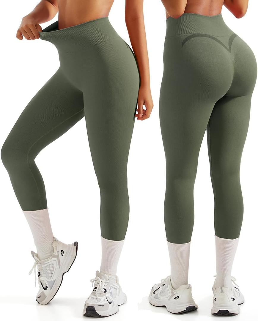 OMKAGI Smile Butt Lifting Workout Leggings for Women High Waisted Seamless Compression Yoga Pants (Medium, Army Green)