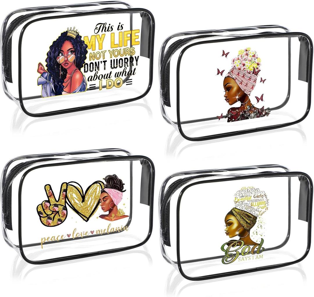 Sweetude 4 Pcs African American Makeup Bag Gifts for Black Women Clear Travel Toiletry Bag Zippered Funny Cosmetics Pouch Multi Purpose Organizer for Women Inspirational Gifts