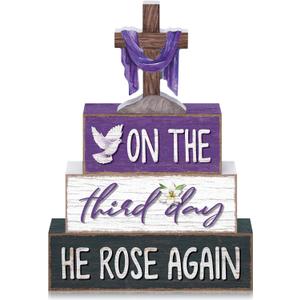 Yousoontic 4 Pcs He Is Risen Easter Tiered Tray Decorations Lent Resurrection Christian Wood Blocks with Cross, Dove, Lily Religious Farmhouse Table Decor for Spring, Holy Week, Easter Display