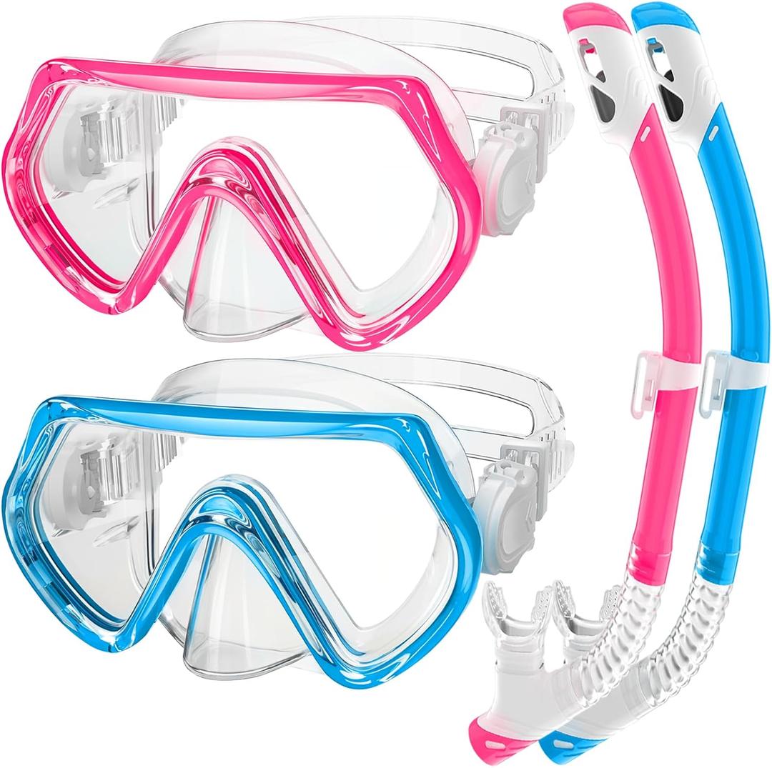 2 Sets Kids Snorkeling Gear for Ages 3-14, Anti-Fog 180 Clear View Dry Top Snorkel Set, Swimming Mask with Nose Cover & Tempered Glass Goggles for Youth Boys Girls Junior (Small-Medium, Blue+Pink)