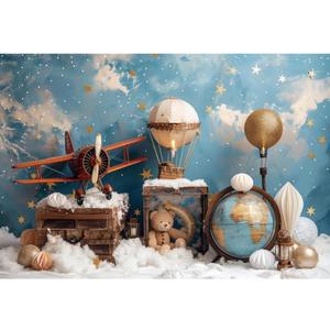 YongFoto Travel Adventure Theme Backdrop 10x7ft Cute Clouds Sky Stars Bear Globe Photography Background Adventure Awaits Baby Shower Girl Boy 1st 2nd Birthday Party Banner Kids Portraits Photoshoot (10ftx7ft, Style 4)
